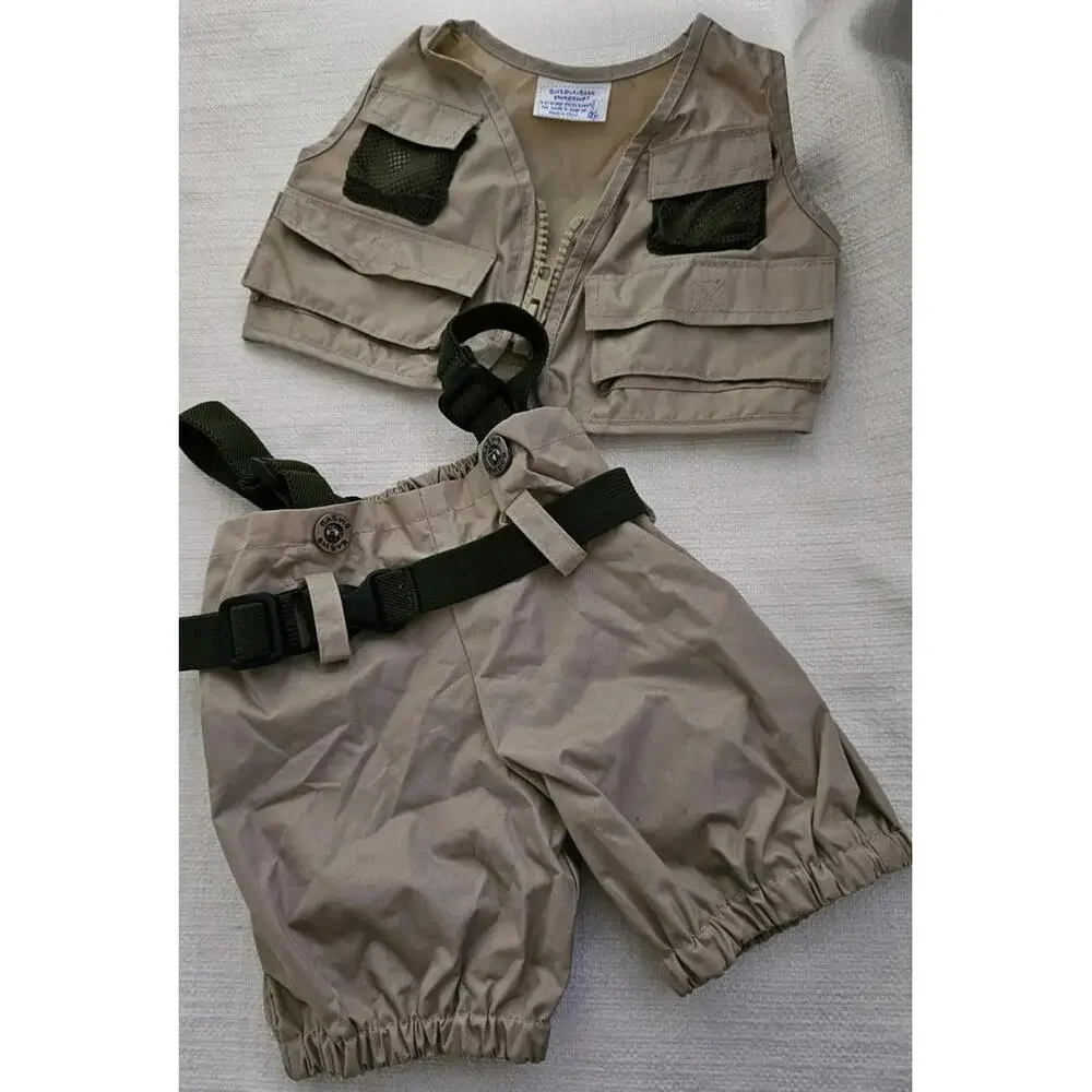 BABW Build A Bear Workshop Fisherman Vest Suspender Pants Tan Fishing Outfit Set